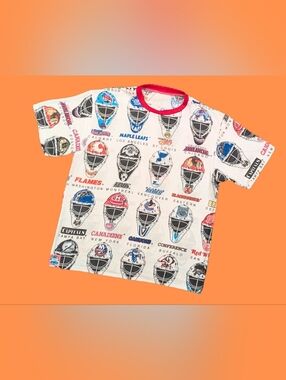 Handmade, Upcycled Vintage 1990's NHL Hockey Teams Goalie Masks T-Shirt Size M